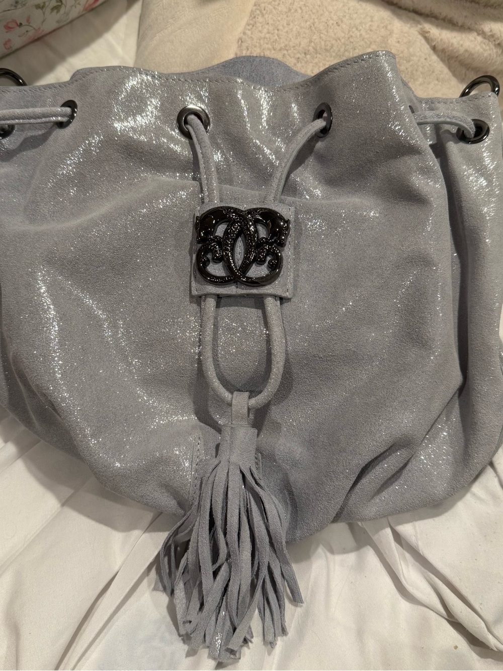 Sharif 1827 Shimmer Silver Suede Drawstring Bucket Bag w shoulder strap